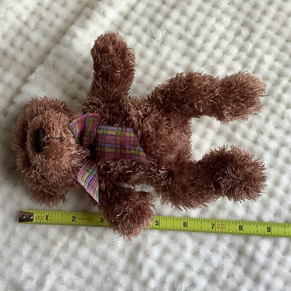 Cute Brown Plush Bear with Plaid Pink Purple Yellow Bow Stuffed Animal Toy - Picture 10 of 10